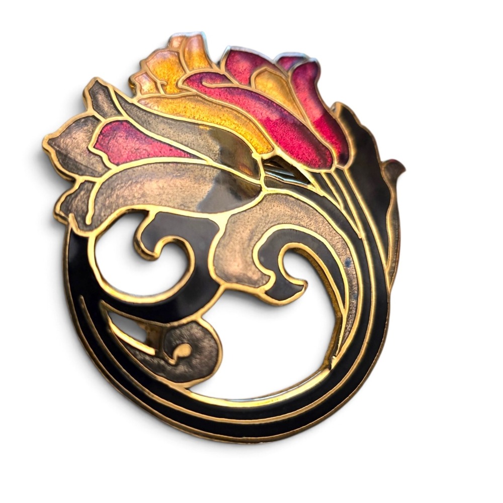 Vintage Enamel Rose Brooch Black Pink Gold Tone Floral Openwork Pin 2 Inch